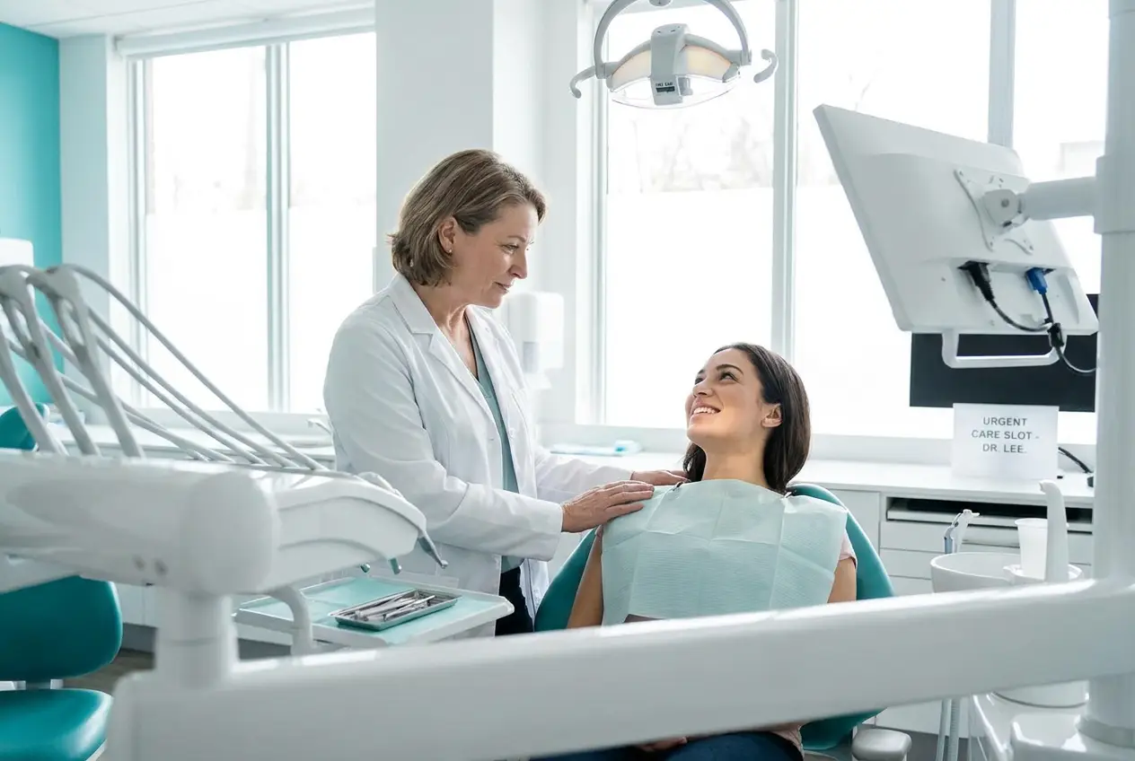Dentist reassuring an urgent-care patient